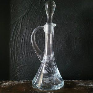 Vintage Elegant Glass Cruet with Stopper, Glass Cruet with Etched Flowers